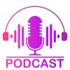 Podcast icon Color studio table is a microphone with sound wave wave symbols. Webcast audio recording concept logo. With headphones and a wave of sound. Vector illustration.